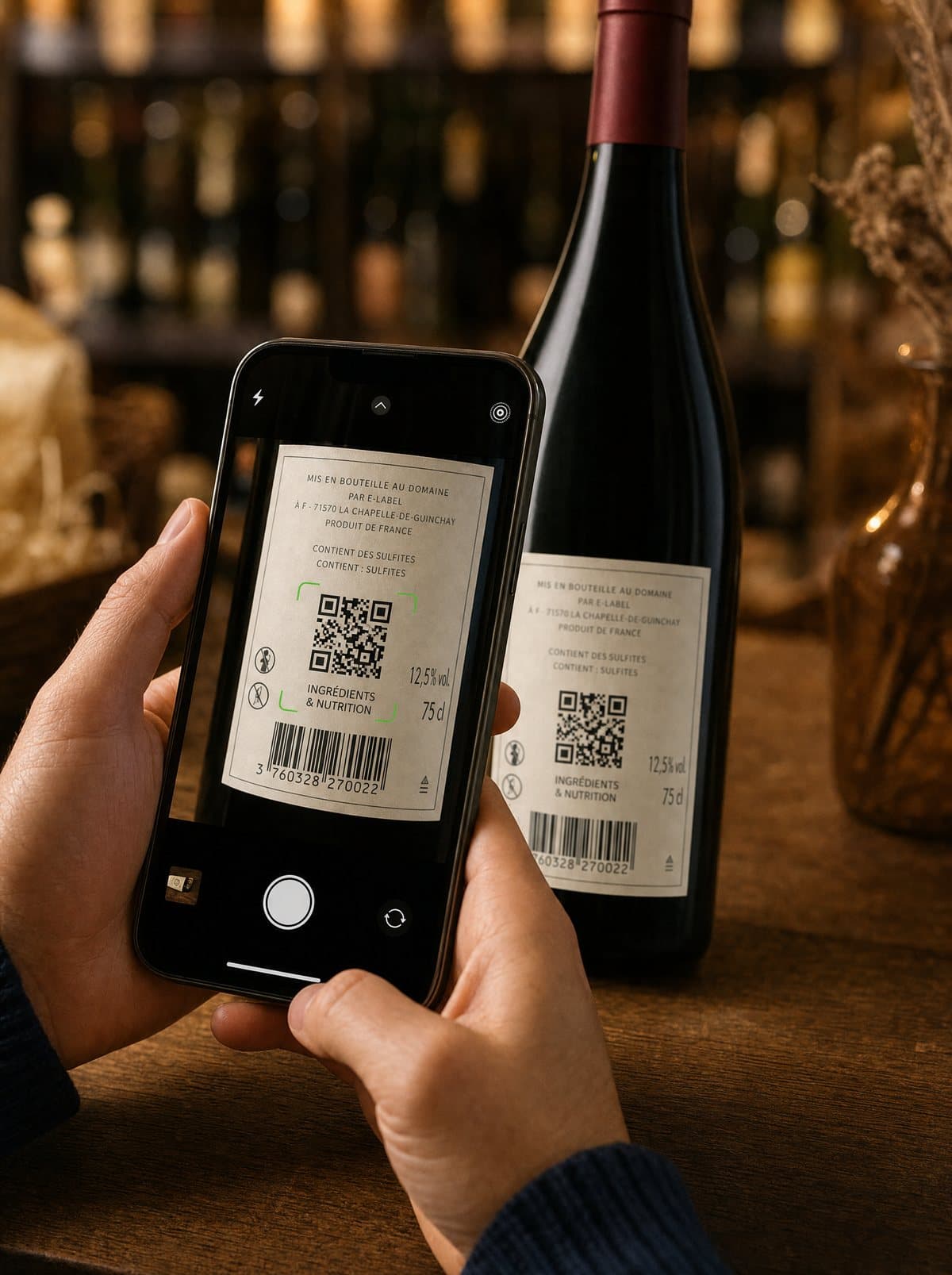 Een consument scant met zijn telefoon de QR-code op het achteretiket van een fles wijn